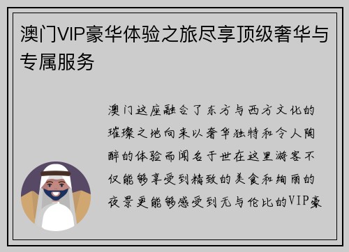 澳门VIP豪华体验之旅尽享顶级奢华与专属服务